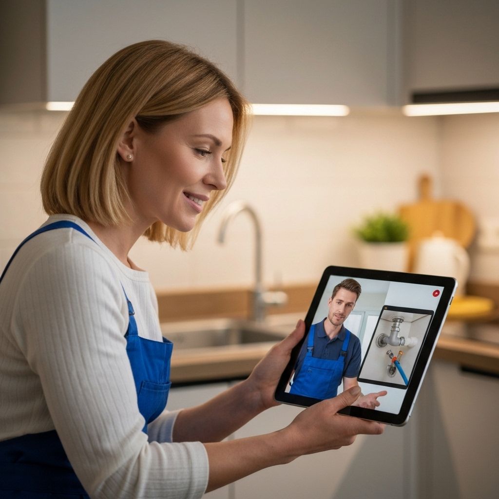 Woman getting help with plumbing repair via video call